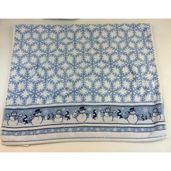 Vintage Bath Towel Cecil Sayday Set of 2 Snowman Snowflakes Blue white - Picture 3 of 16